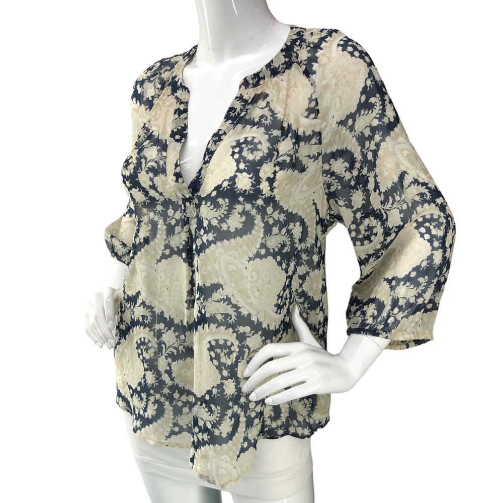 Joie Women Size XS Addie Edwardian Tapestry Printed Blouse Silk Paisley Midnight